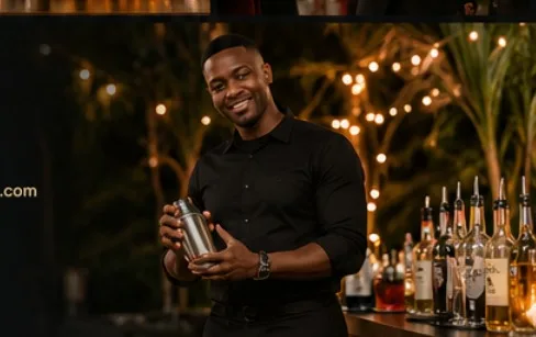 Smiling TJ Events bartender at a beautifully stocked event bar