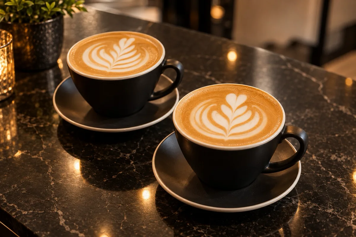 Two cappuccinos with latte art served on a dark marble bar